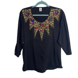Now Collection Design Vintage Top Size Large Dolman Sleeve Cotton Sequin Beaded